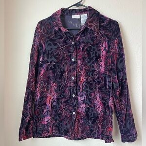 White Stag Velvet Burnout Button Up Blouse Purple Burgundy M Vintage Floral Boho